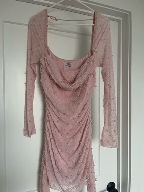 Oh Polly Blush Pink Beaded Cowl Neck Long Sleeve Dress